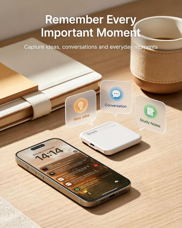 Alt view image 2 of 7 - Notra Neo AI Voice Recorder for Meetings, Classes & Calls AI Note Taker with AI Transcription & Summaries, 3 Recording Modes, 114 Languages, Magnetic Attachment, USB-C Charging, White