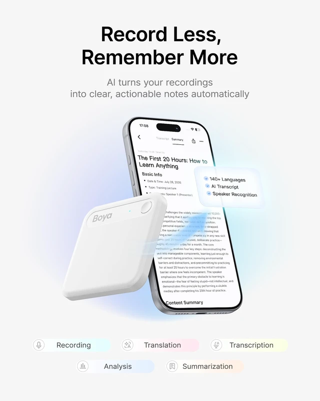 Alt view image 4 of 7 - Notra Neo AI Voice Recorder for Meetings, Classes & Calls AI Note Taker with AI Transcription & Summaries, 3 Recording Modes, 114 Languages, Magnetic Attachment, USB-C Charging, White