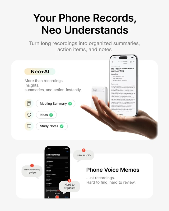 Alt view image 7 of 7 - Notra Neo AI Voice Recorder for Meetings, Classes & Calls AI Note Taker with AI Transcription & Summaries, 3 Recording Modes, 114 Languages, Magnetic Attachment, USB-C Charging, White