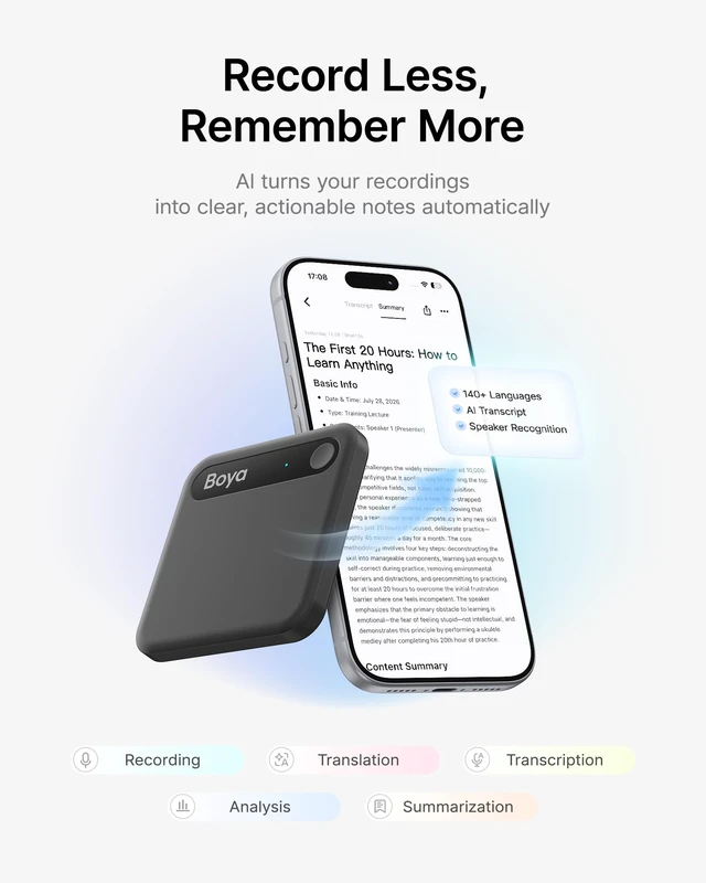 Alt view image 4 of 7 - Notra Neo AI Voice Recorder for Meetings, Classes & Calls AI Note Taker with AI Transcription & Summaries, 3 Recording Modes, 114 Languages, Magnetic Attachment, USB-C Charging, Black