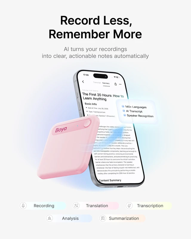Alt view image 4 of 7 - Notra Neo AI Voice Recorder for Meetings, Classes & Calls AI Note Taker with AI Transcription & Summaries, 3 Recording Modes, 114 Languages, Magnetic Attachment, USB-C Charging, Pink