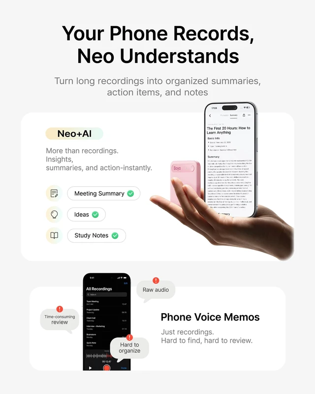 Alt view image 7 of 7 - Notra Neo AI Voice Recorder for Meetings, Classes & Calls AI Note Taker with AI Transcription & Summaries, 3 Recording Modes, 114 Languages, Magnetic Attachment, USB-C Charging, Pink