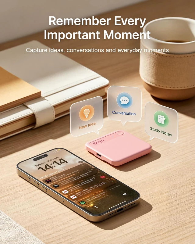Alt view image 2 of 7 - Notra Neo AI Voice Recorder for Meetings, Classes & Calls AI Note Taker with AI Transcription & Summaries, 3 Recording Modes, 114 Languages, Magnetic Attachment, USB-C Charging, Pink