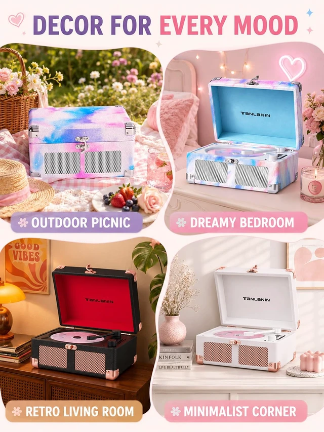 Alt view image 2 of 7 - Vintage CD Player with Speakers, Bluetooth in/Out, Watercolor Rechargeable portable retro CD player with LED display, USB, AUX and headphone jack, for bedroom décor, dorms and gifting