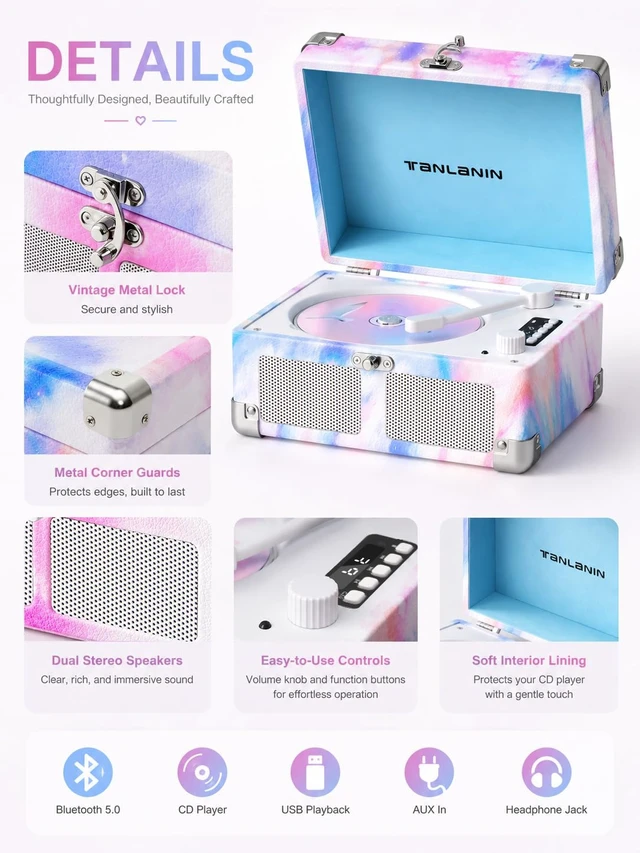 Alt view image 3 of 7 - Vintage CD Player with Speakers, Bluetooth in/Out, Watercolor Rechargeable portable retro CD player with LED display, USB, AUX and headphone jack, for bedroom décor, dorms and gifting