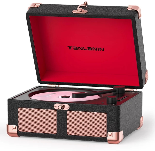 Main image of Vintage CD Player with Speakers, Bluetooth Input/Output, Black Rechargeable portable retro CD player with LED display, USB, AUX and headphone jack, for bedroom décor, dorms and gifting