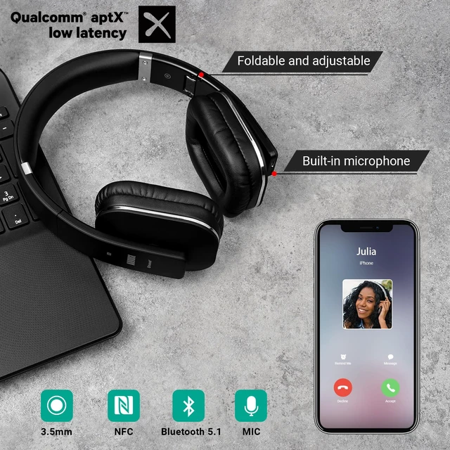 Alt view image 6 of 7 - EP650 Bluetooth Wireless Over-Ear Headphones with aptX Low Latency, NFC, Multipoint Pairing, Wired Option, Built-in Microphone - Black