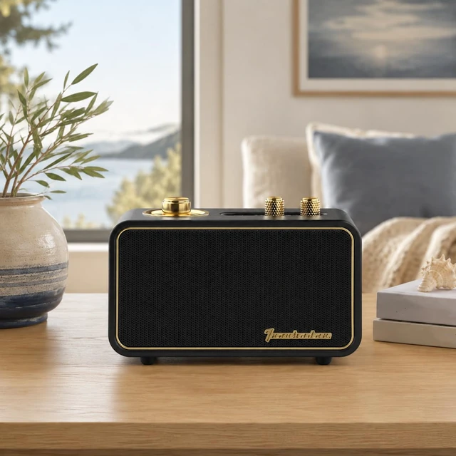 Alt view image 2 of 7 - Retro Bluetooth Speaker-Wireless Speaker, Portable, Black Elegant Vintage Bluetooth Speaker, Deep Bass/10H Playtime, Charge-While-Play, Aux Input/Antenna, Interchangeable Panel