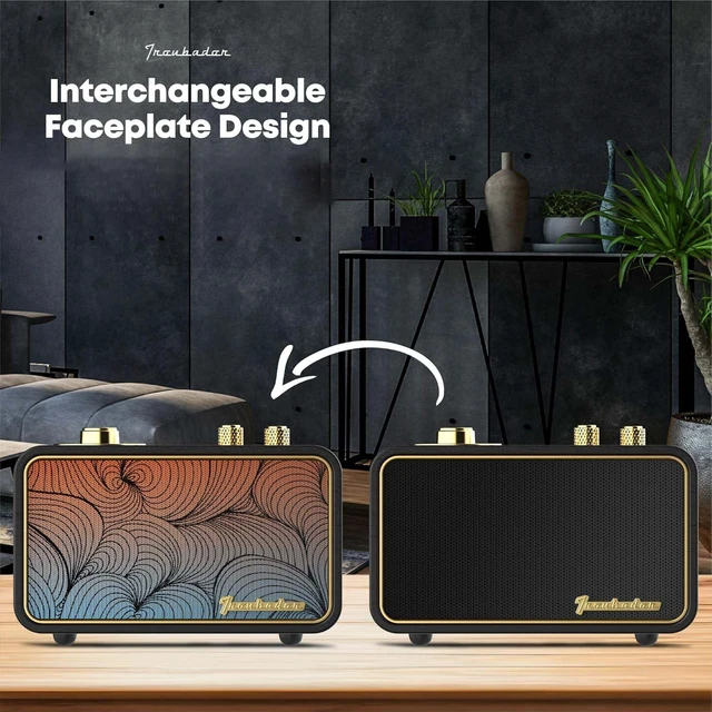 Alt view image 4 of 7 - Retro Bluetooth Speaker-Wireless Speaker, Portable, Black Elegant Vintage Bluetooth Speaker, Deep Bass/10H Playtime, Charge-While-Play, Aux Input/Antenna, Interchangeable Panel