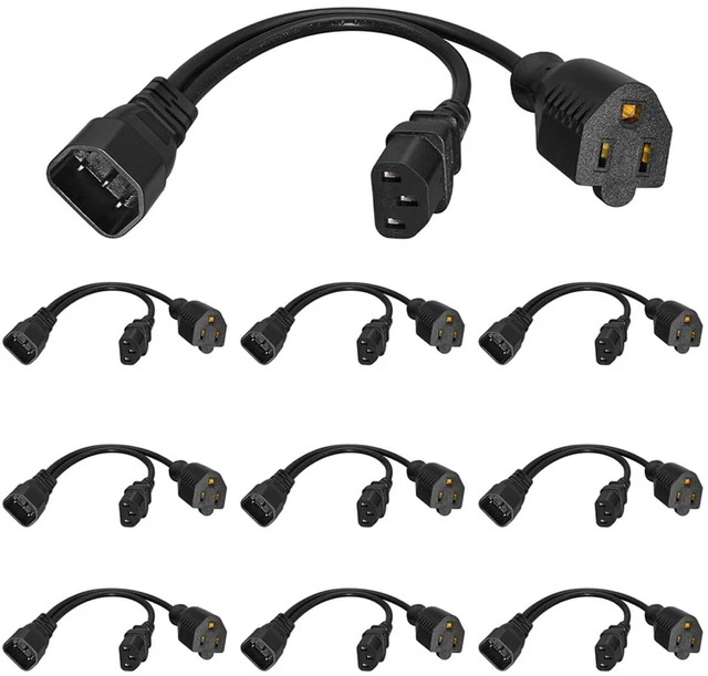 Main image of C14 Male to C13 + NEMA 5-15R Y-Splitter Power Cord, 10Packs 1FT/0.32M, 10A 250V, For Server, PDU, UPS, Desktop, Monitor, Small Appliances, AC Power Adapter Cable