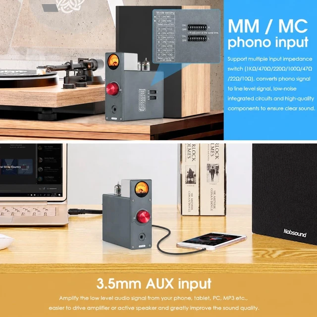 Alt view image 2 of 7 - Tube Phono Preamp: 6CS6 Headphone Amp for Turntable (T4 Plus) MM & MC Input, 1K-10 Switch, RIAA EQ, 3.5mm AUX, NE5532 Output 32-300, VU Meter Vintage Aluminum Chassis for Vinyl Stereo