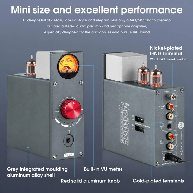Alt view image 7 of 7 - Tube Phono Preamp: 6CS6 Headphone Amp for Turntable (T4 Plus) MM & MC Input, 1K-10 Switch, RIAA EQ, 3.5mm AUX, NE5532 Output 32-300, VU Meter Vintage Aluminum Chassis for Vinyl Stereo