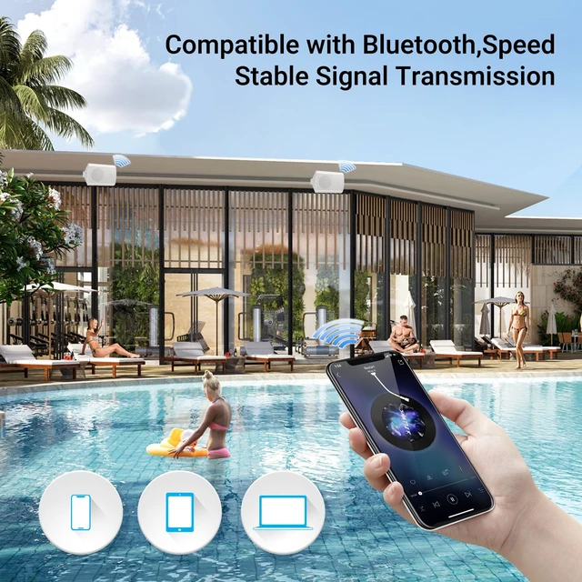 Alt view image 3 of 6 - 4 Inch 200 Watt Outdoor Indoor Bluetooth Speakers, Wall Mount Waterproof Wired for Patio, Deck, Yard, Garage (White)