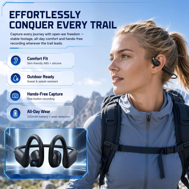 Alt view image 2 of 7 - E12 Open Ear Headphones Bone Conduction Headphones with 8MP Camera Open-Air Wireless Bluetooth Headphones,Bone Conduction Headphones with Camera,IP56 Waterproof AI Voice Assistant Headset for Sports