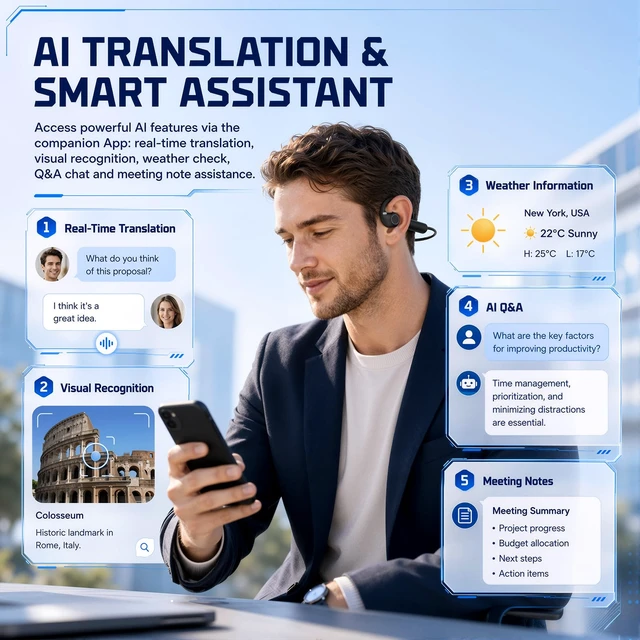 Alt view image 6 of 7 - E12 Open Ear Headphones Bone Conduction Headphones with 8MP Camera Open-Air Wireless Bluetooth Headphones,Bone Conduction Headphones with Camera,IP56 Waterproof AI Voice Assistant Headset for Sports
