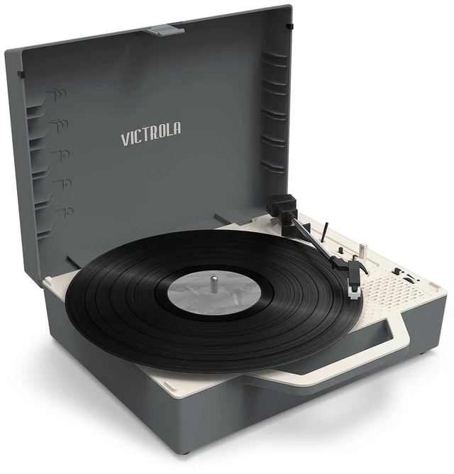 Main image of Re-Spin Sustainable Suitcase Vinyl Record Player, 3-Speed (33 1/3, 45 & 78 RPM), Belt-Driven Bluetooth Turn Table with Built-in Bass Radiator, 3.5mm Headphone Jack (Gray)