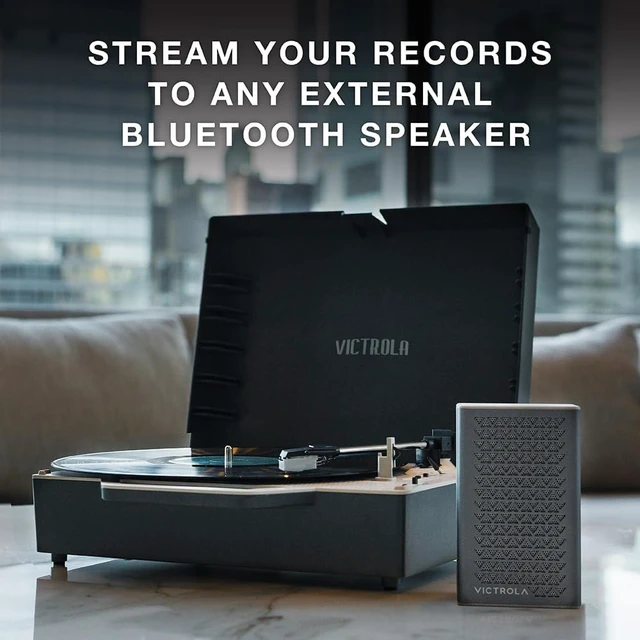 Alt view image 4 of 6 - Re-Spin Sustainable Suitcase Vinyl Record Player, 3-Speed (33 1/3, 45 & 78 RPM), Belt-Driven Bluetooth Turn Table with Built-in Bass Radiator, 3.5mm Headphone Jack (Gray)