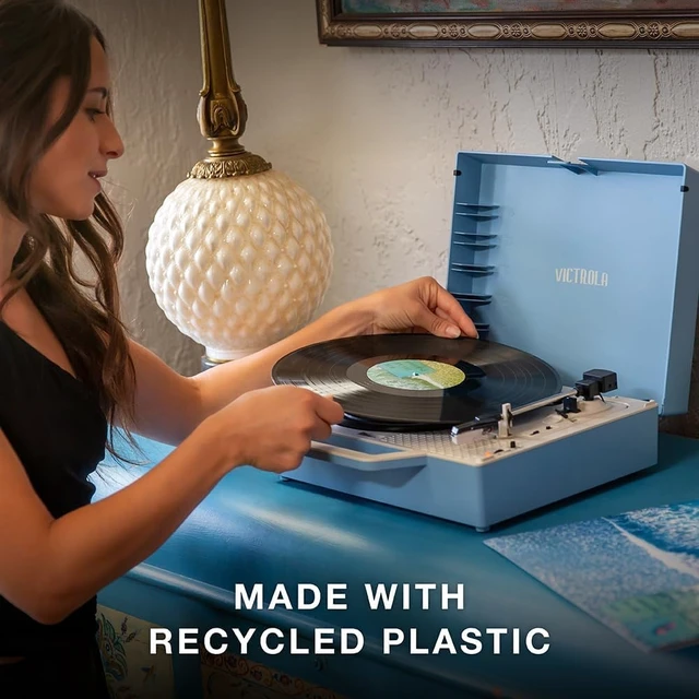 Alt view image 6 of 6 - Re-Spin Sustainable Suitcase Vinyl Record Player, 3-Speed (33 1/3, 45 & 78 RPM), Belt-Driven Bluetooth Turn Table with Built-in Bass Radiator, 3.5mm Headphone Jack (Gray)