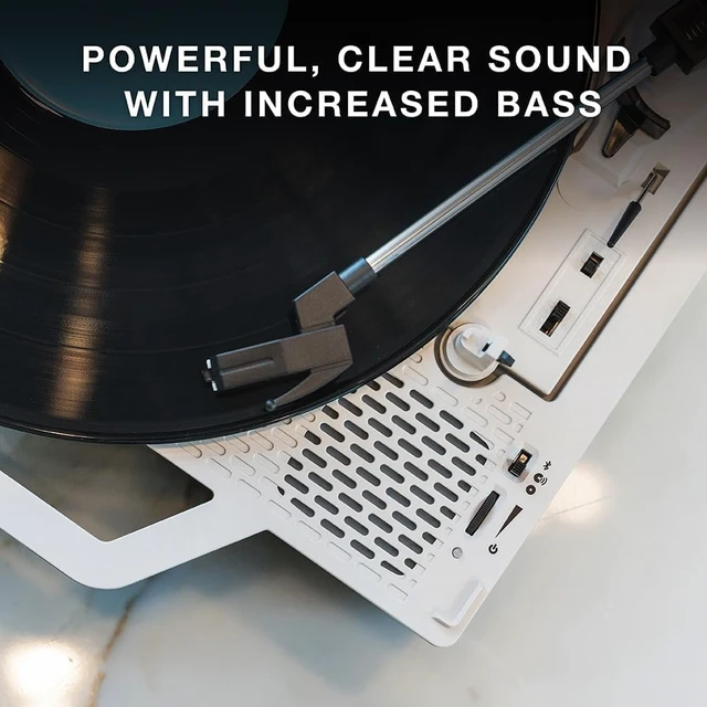 Alt view image 5 of 6 - Re-Spin Sustainable Suitcase Vinyl Record Player, 3-Speed (33 1/3, 45 & 78 RPM), Belt-Driven Bluetooth Turn Table with Built-in Bass Radiator, 3.5mm Headphone Jack (Gray)