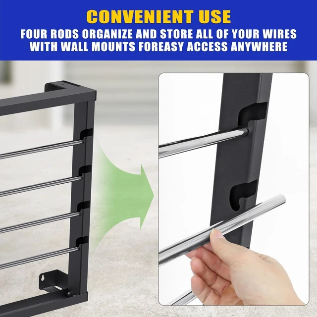 Alt view image 7 of 7 - Portable Wire Spool Rack - Heavy-Duty Steel Cable Dispenser with 4 Adjustable Rods, Spool Rack Holder for Efficient Storage & Dispensing (B: Wall-mounted Wire Spool Holder (4 Rods))