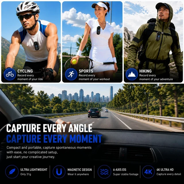 Alt view image 3 of 7 - 4K Mini Body Camera - 4K Mini Body Camera - Thumb POV 64GB Camwith Audio & Video Recording, 6-Axis Image Stabilization, Wearable Hands-Free Chest Pov Recording - For Cap Shirt Outoor Cycling Skiing