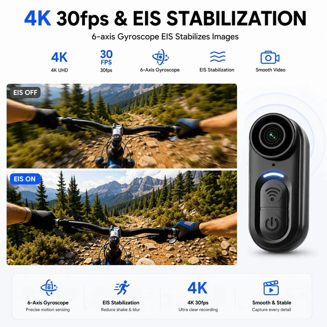 Alt view image 2 of 7 - 4K Mini Body Camera - 4K Mini Body Camera - Thumb POV 64GB Camwith Audio & Video Recording, 6-Axis Image Stabilization, Wearable Hands-Free Chest Pov Recording - For Cap Shirt Outoor Cycling Skiing
