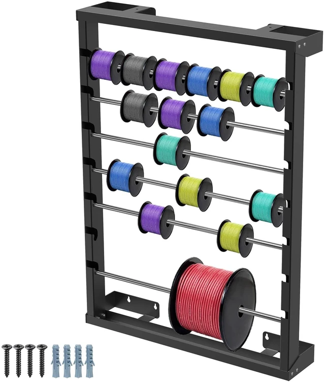 Main image of Wall-mounted Wire Spool Holder Heavy-Duty Steel Cable Dispenser, 6 Rods, Adjustable, Efficient Storage & Dispensing