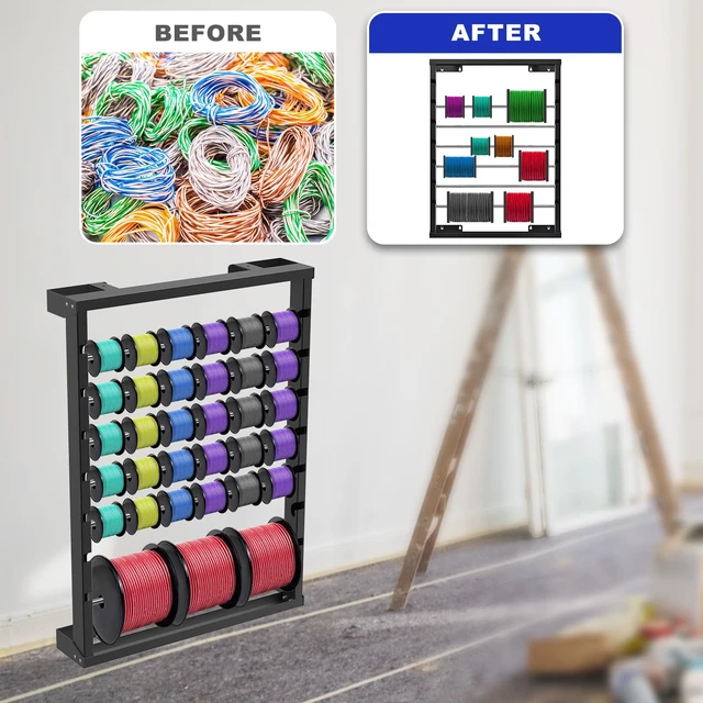 Alt view image 3 of 7 - Wall-mounted Wire Spool Holder Heavy-Duty Steel Cable Dispenser, 6 Rods, Adjustable, Efficient Storage & Dispensing
