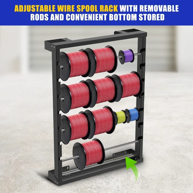 Alt view image 7 of 7 - Wall-mounted Wire Spool Holder Heavy-Duty Steel Cable Dispenser, 6 Rods, Adjustable, Efficient Storage & Dispensing