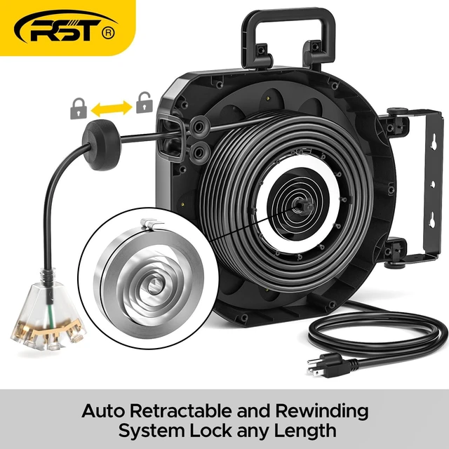 Alt view image 7 of 7 - 50 FT Retractable Extension Cord Reel, 14AWG/3C SJTOW Heavy Duty Power Cord with Lighted Triple Tap, 180° Swivel Wall/Ceiling Mount, 13-Amp Circuit Breaker, ETL Listed