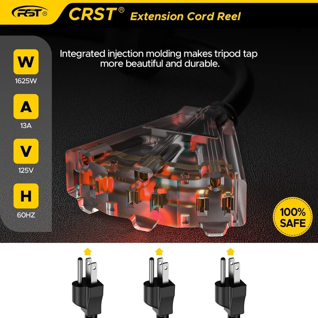 Alt view image 6 of 7 - 50 FT Retractable Extension Cord Reel, 14AWG/3C SJTOW Heavy Duty Power Cord with Lighted Triple Tap, 180° Swivel Wall/Ceiling Mount, 13-Amp Circuit Breaker, ETL Listed