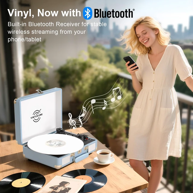 Alt view image 2 of 7 - Vinyl Record Player Bluetooth, 3-Speed Turntable Vinyl Player with Built-in Stereo Speakers, Portable Suitcase Record Players with Bass/Treble Control, AUX/RCA/Headphone Jack, Blue