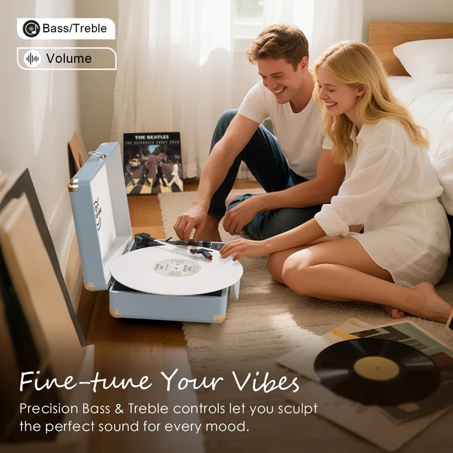 Alt view image 4 of 7 - Vinyl Record Player Bluetooth, 3-Speed Turntable Vinyl Player with Built-in Stereo Speakers, Portable Suitcase Record Players with Bass/Treble Control, AUX/RCA/Headphone Jack, Blue