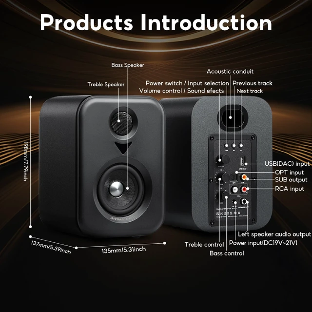 Alt view image 2 of 7 - S400 80 Watt 2.0 Channel Home Audio Active Bookshelf Speakers Sub Out, TPA3118 Amp Chip, Bluetooth/Optical/RCA/USB Input for TV, Treble & Bass Tone with Remote