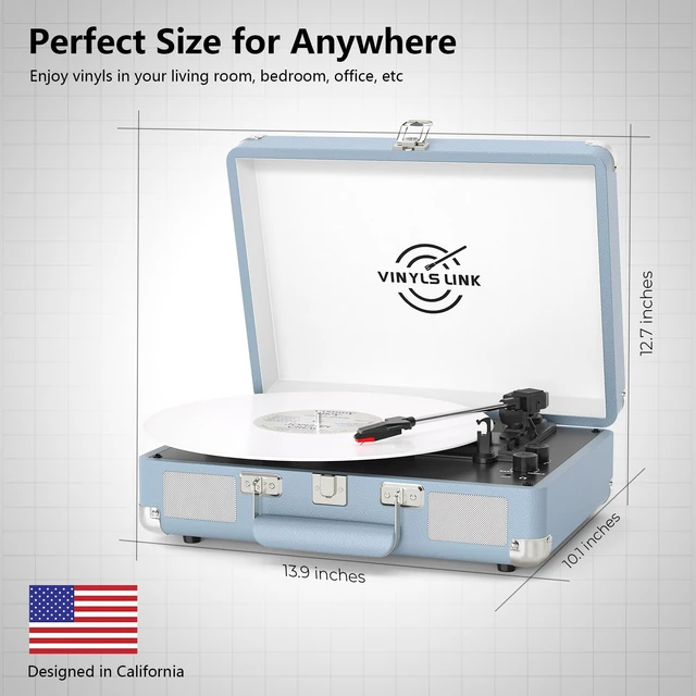 Alt view image 7 of 7 - Vinyl Record Player Bluetooth, 3-Speed Turntable Vinyl Player with Built-in Stereo Speakers, Portable Suitcase Record Players with Bass/Treble Control, AUX/RCA/Headphone Jack, Blue