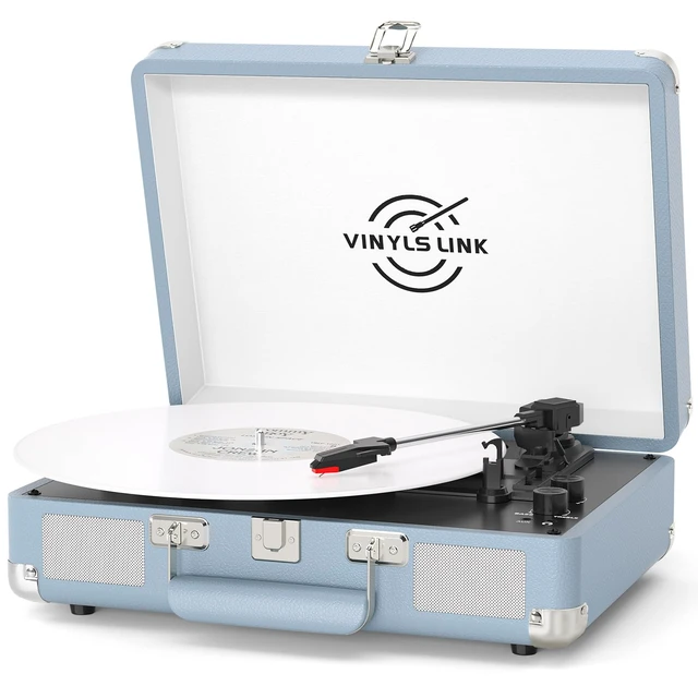 Main image of Vinyl Record Player Bluetooth, 3-Speed Turntable Vinyl Player with Built-in Stereo Speakers, Portable Suitcase Record Players with Bass/Treble Control, AUX/RCA/Headphone Jack, Blue