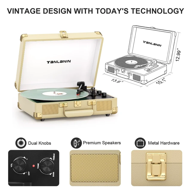 Alt view image 2 of 7 - Portable Record Player with Bluetooth Input, 3-Speed Belt-Drive Suitcase Turntable, Built-in Stereo Speakers, Bass/Treble Control, AUX& RCA Output, Headphone Jack, Beige & Gold