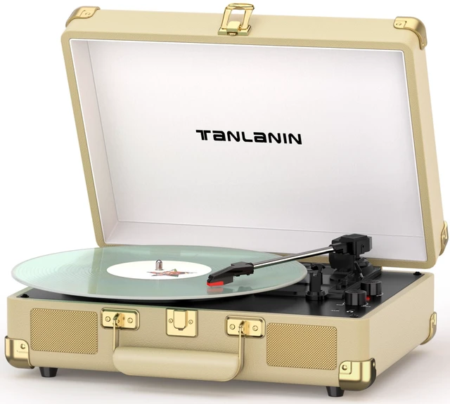 Main image of Portable Record Player with Bluetooth Input, 3-Speed Belt-Drive Suitcase Turntable, Built-in Stereo Speakers, Bass/Treble Control, AUX& RCA Output, Headphone Jack, Beige & Gold