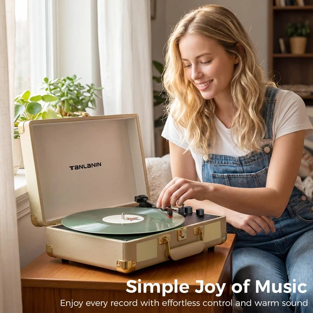 Alt view image 3 of 7 - Portable Record Player with Bluetooth Input, 3-Speed Belt-Drive Suitcase Turntable, Built-in Stereo Speakers, Bass/Treble Control, AUX& RCA Output, Headphone Jack, Beige & Gold