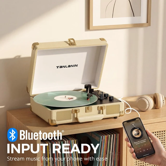 Alt view image 5 of 7 - Portable Record Player with Bluetooth Input, 3-Speed Belt-Drive Suitcase Turntable, Built-in Stereo Speakers, Bass/Treble Control, AUX& RCA Output, Headphone Jack, Beige & Gold