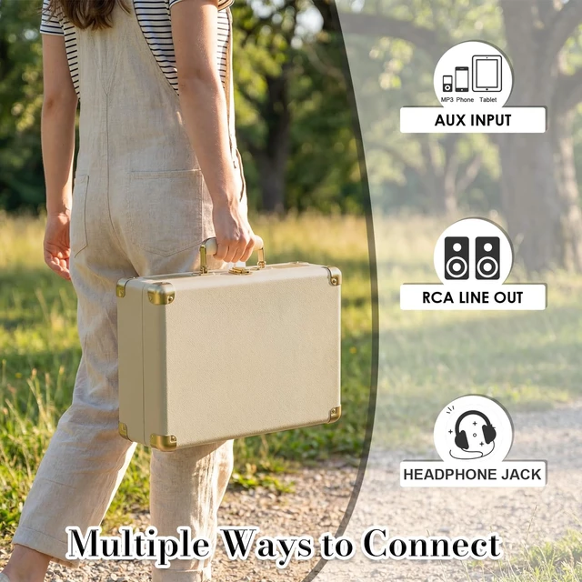 Alt view image 4 of 7 - Portable Record Player with Bluetooth Input, 3-Speed Belt-Drive Suitcase Turntable, Built-in Stereo Speakers, Bass/Treble Control, AUX& RCA Output, Headphone Jack, Beige & Gold
