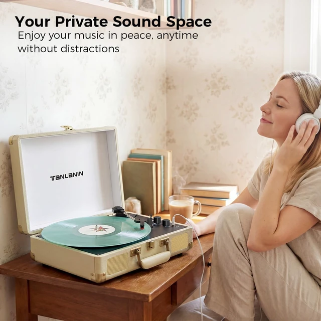 Alt view image 6 of 7 - Portable Record Player with Bluetooth Input, 3-Speed Belt-Drive Suitcase Turntable, Built-in Stereo Speakers, Bass/Treble Control, AUX& RCA Output, Headphone Jack, Beige & Gold