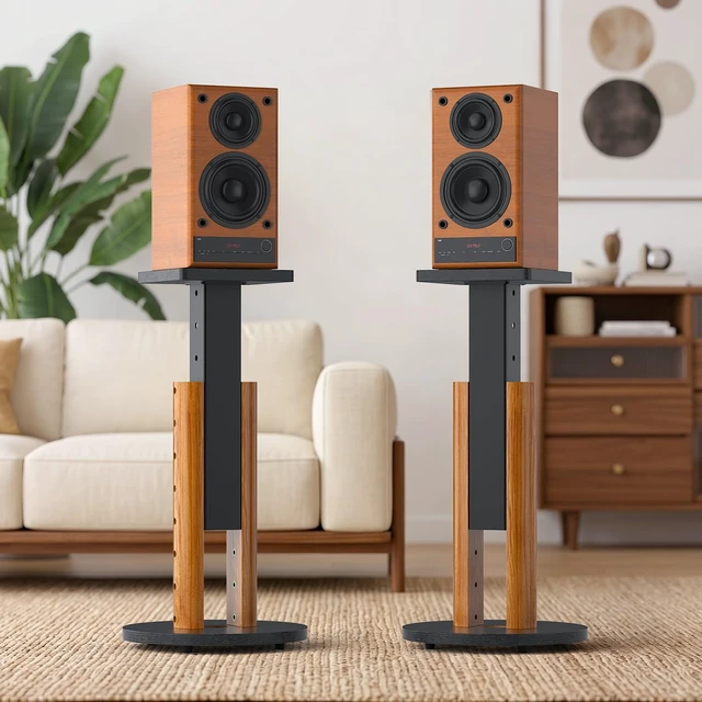 Alt view image 2 of 7 - Universal Speaker Stands Pair for Bookshelf Studio Monitor Home Speakers WoodGrain Wood, 7-Level Height Adjustment with Cable Management, Easy Assembly, Fit Speaker Up to 10in Wide, Holds 55 lbs