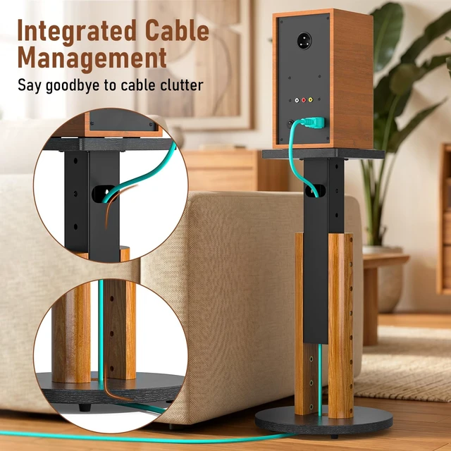 Alt view image 6 of 7 - Universal Speaker Stands Pair for Bookshelf Studio Monitor Home Speakers WoodGrain Wood, 7-Level Height Adjustment with Cable Management, Easy Assembly, Fit Speaker Up to 10in Wide, Holds 55 lbs