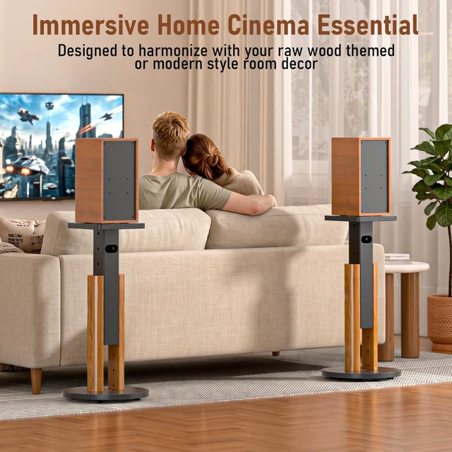 Alt view image 5 of 7 - Universal Speaker Stands Pair for Bookshelf Studio Monitor Home Speakers WoodGrain Wood, 7-Level Height Adjustment with Cable Management, Easy Assembly, Fit Speaker Up to 10in Wide, Holds 55 lbs