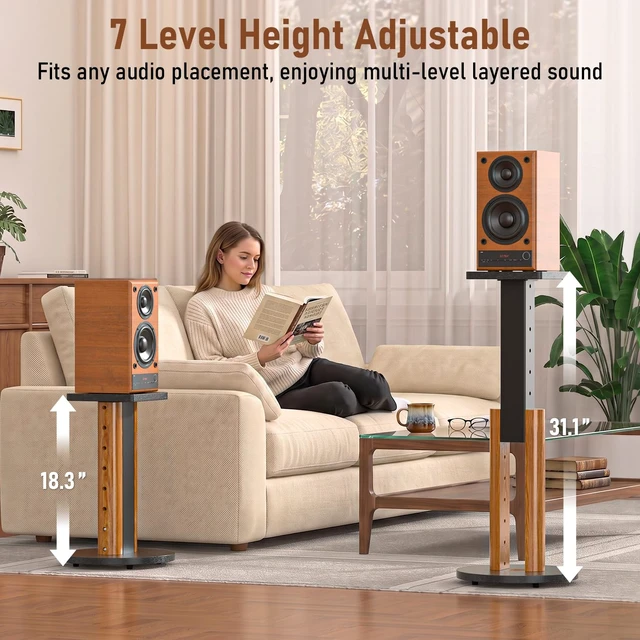 Alt view image 3 of 7 - Universal Speaker Stands Pair for Bookshelf Studio Monitor Home Speakers WoodGrain Wood, 7-Level Height Adjustment with Cable Management, Easy Assembly, Fit Speaker Up to 10in Wide, Holds 55 lbs