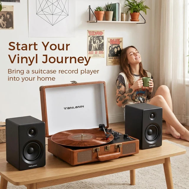 Alt view image 2 of 7 - Portable Vinyl Record Player with Built-in Speakers, 3-Speed Bluetooth Input Turntable, USB/TF Record & Play, LED Display, Headphone Jack, RCA Out, AUX in, Auto Stop, Brown Leather