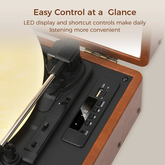 Alt view image 3 of 7 - Portable Vinyl Record Player with Built-in Speakers, 3-Speed Bluetooth Input Turntable, USB/TF Record & Play, LED Display, Headphone Jack, RCA Out, AUX in, Auto Stop, Brown Leather