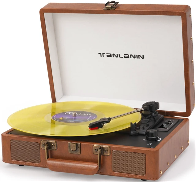 Main image of Portable Vinyl Record Player with Built-in Speakers, 3-Speed Bluetooth Input Turntable, USB/TF Record & Play, LED Display, Headphone Jack, RCA Out, AUX in, Auto Stop, Brown Leather