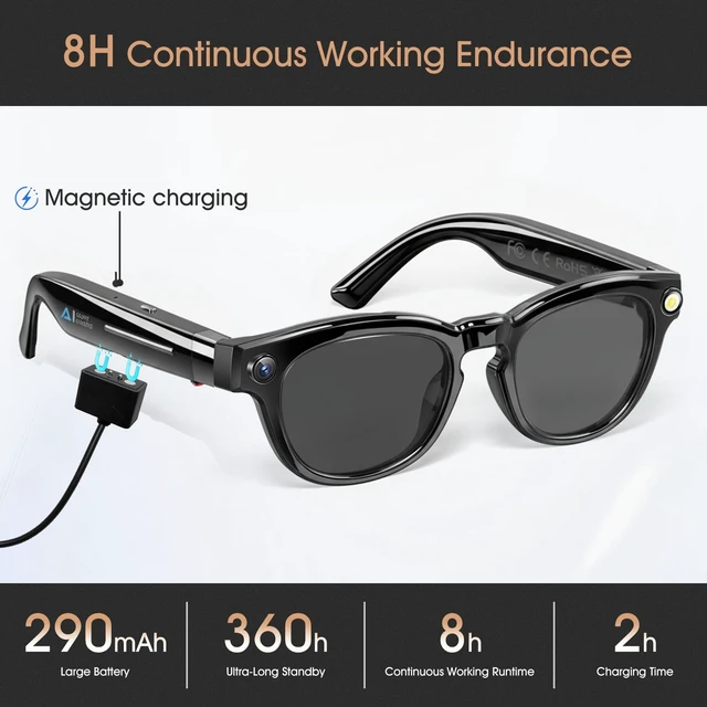Alt view image 7 of 7 - AI Smart Glasses with Camera 8MP 4K 1200P Video Recording, Sunglasses 0.1s Real-Time Translation Glasses, UV400 & Anti-Blue Light, Bluetooth Glasses for Men Women, Glossy Finish